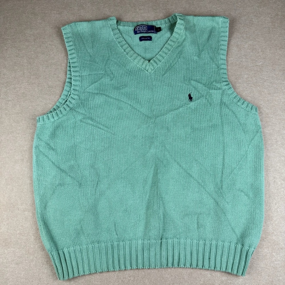 Polo Ralph Lauren Vest Mens L Mint Green V Neck Sweater Cotton Preppy‎